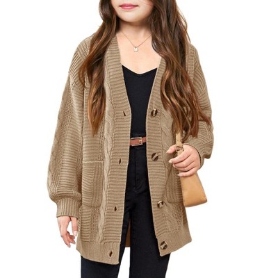 Children'S Cardigan  Sweaters Long Sleeve Cable Knit Button Down Casual Chunky Outwear Coats with Pocket