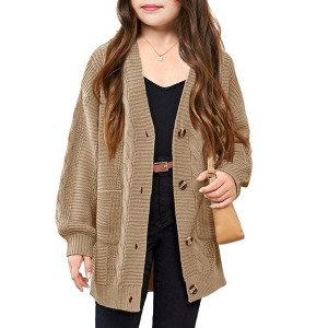 Children'S Cardigan  Sweaters Long Sleeve Cable Knit Button Down Casual Chunky Outwear Coats with Pocket - 1 of 2