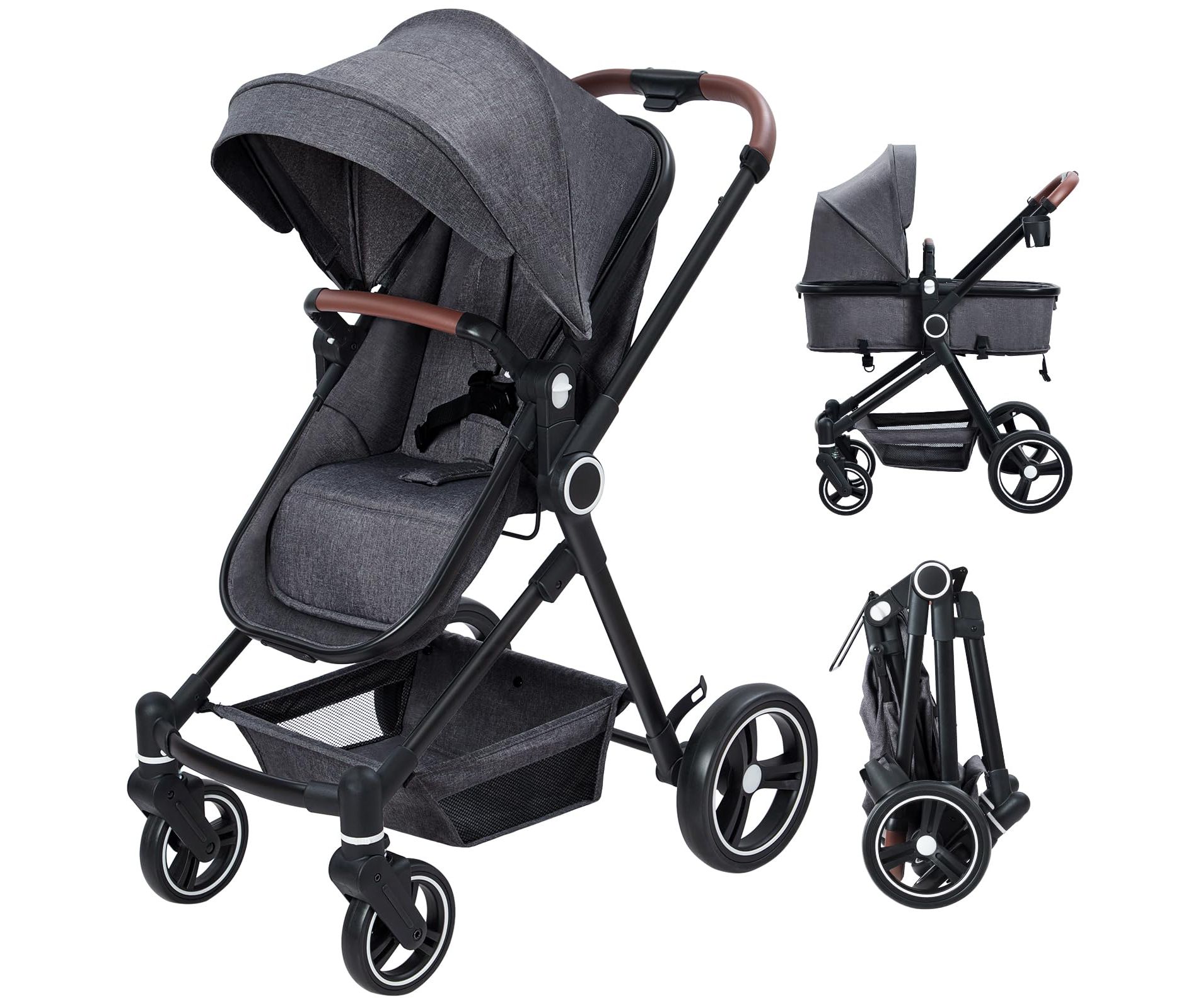 2-in-1 Baby Stroller Reversible Stroller, Bassinet with One-Hand Fold for Easy Access Stroller with Recliner and Extra Large Canopy