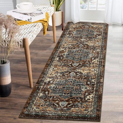 Washable Long Runner Rug, Oriental Vintage Floral Rug, Low Pile Non-Slip Soft Faux Wool Rug, Hallway, Bedroom, Kitchen, Laundry Room, Entryway