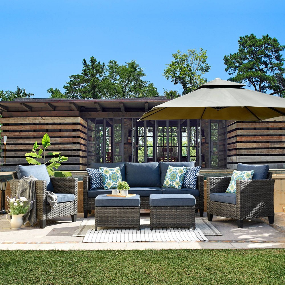 Photos - Garden Furniture Ovios Tampa 5pc Wicker Outdoor Patio Furniture Conversation Sofa Set with Light Gray Cushions