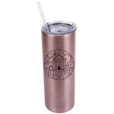 Elanze Designs Bubblegum Pink 20 Ounce Double Wall Stainless Steel Glitter Travel Tumbler With Sliding Lid And Straw, Medieval Castle