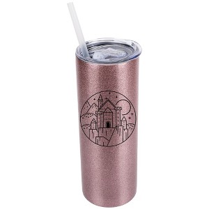 Elanze Designs Bubblegum Pink 20 Ounce Double Wall Stainless Steel Glitter Travel Tumbler With Sliding Lid And Straw, Medieval Castle - 1 of 4