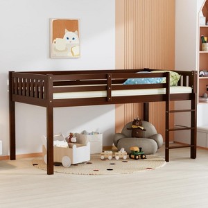 JOYMOR Low Loft Bed Twin Size with Stairs, Wooden Loft Bed for Kids, Pine Wood Twin Bed Frame,No Box Spring Needed, Espresso - 1 of 4
