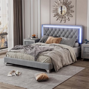 Queen Size Velvet Upholstered Platform Bed Frame with LED Lights and Tufted Headboard-ModernLuxe - 1 of 4