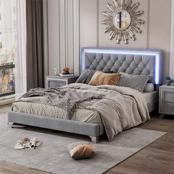 Queen Size Velvet Upholstered Platform Bed Frame with LED Lights and Tufted Headboard-ModernLuxe