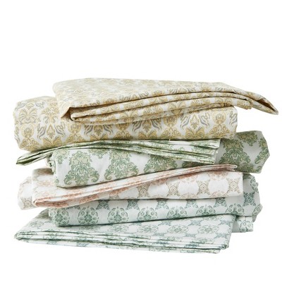 Full White and Green Cotton Percale Floral Sheet Set