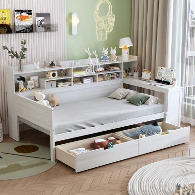 Full Size Wooden Daybed with Built-In Desk, Multi-Functional Frame with Storage Shelves and Drawers, Space-Saving Design-Maison Boucle