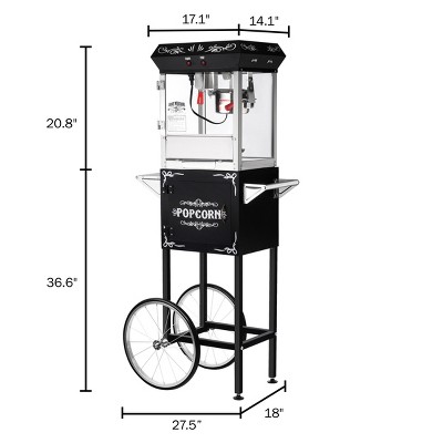 Black Stainless Steel Popcorn Machine with Cart and Heated Tray