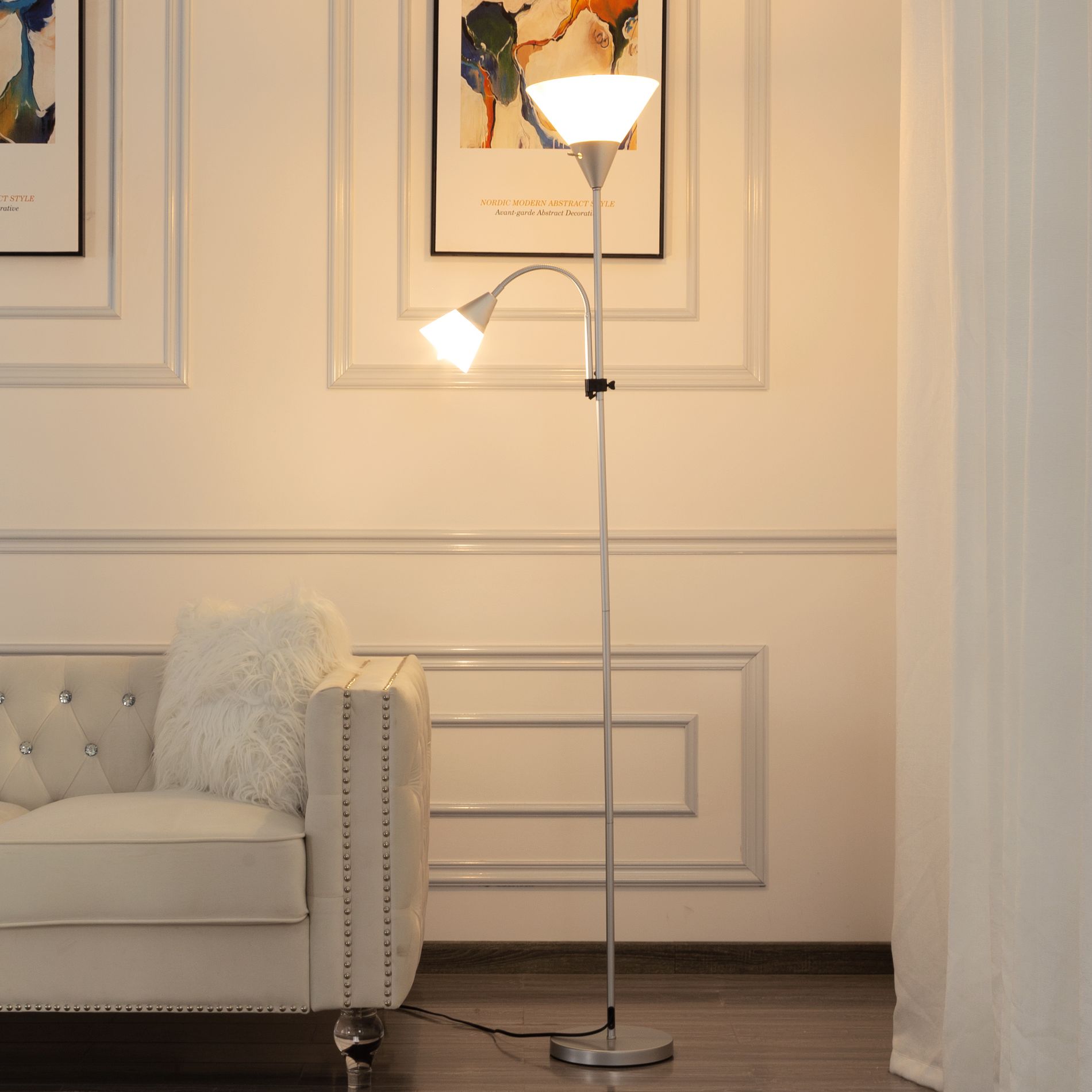 Gulches Floor Lamps, 71.3", 2 - Light Setup, Rose - White Arched Shades, silver Body, for Bedroom/Living Room