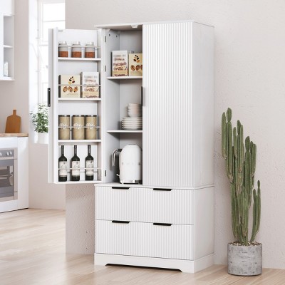 72" Kitchen Pantry Cabinet with Adjustable Shelf, 2 Large Drawers, 8-Door Spice Racks, Fluted Freestanding Storage Organizer-Maison Boucle