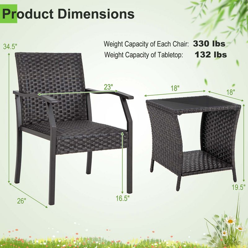 Costway 3 PCS Patio Conversation Set Wicker Chair Tempered Glass Table Cushioned Seat Quick Dry Foam All Weather, 3 of 11