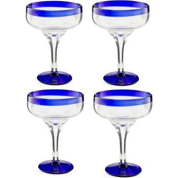 The Wine Savant Hand Blown Mexican Blue Rim Margarita Glasses, Perfect Addition to Home Bar, Unique Style & Decor - 4 pk