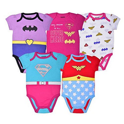 Warner Bros Girl's 5-Pack Justice League Roleplay Baby Bodysuit Creeper Set - Wonder Woman, Batgirl, Supergirl - Size 12M