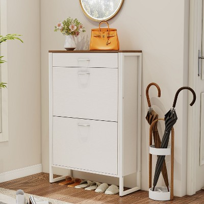 KTMBDW Rustic Shoe Cabinet with Flip Drawers, Narrow Shoe Cabinet with Metal Legs & Handles for Entryway, Hallway, Organizer