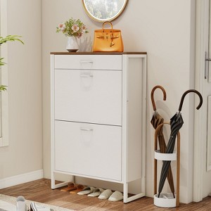 KTMBDW Rustic Shoe Cabinet with Flip Drawers, Narrow Shoe Cabinet with Metal Legs & Handles for Entryway, Hallway, Organizer - 1 of 4