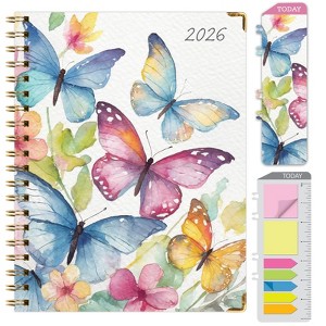 HARDCOVER 2026 Planner, 7"x9": 14 Months (Nov 2025-Dec 2026), Daily/Weekly/Monthly,  Bookmark, Pocket Folder w Sticky Notes (Watercolor Butterflies) - 1 of 4