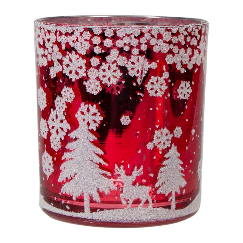 Northlight 3" Red and Shiny Silver Deer in Winter Woods Flameless Glass Candle Holder, 1 of 6