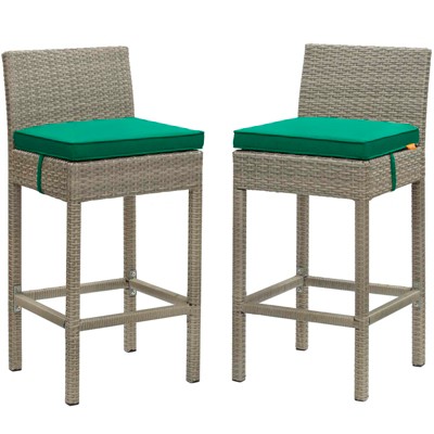 Modway Conduit Bar Stool Outdoor Patio Wicker Rattan Set of 2 - Light Gray Green - Powder-Coated Aluminum Frame , Frame:Aluminium tube, Wintech Light