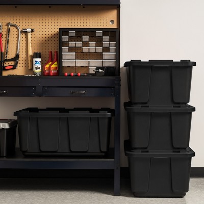 Heavy-Duty Black Plastic Stackable Storage Bins with Lids, 27 Gallon