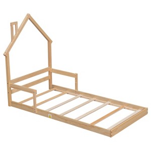 YNXARIA Natural Pine Twin Size Bed Frame with House - Shaped Headboard and Armrests - 1 of 4