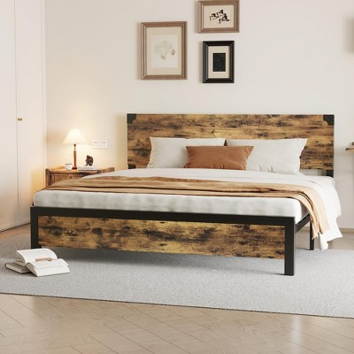 homfan Bed Frame, Size Bed Frame with Wood Headboard, Platform Bed Frame with Under Bed Storage and Metal Legs, Noise Free, No Box Spring Needed