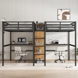 Bellemave Twin Over Twin Metal Loft Bed with Double Desk, Shelves, and Wardrobe, Power Outlets, Noise-Reduced Design, Space-Saving Woodgrain Frame - 1 of 4