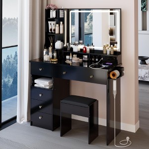 NicBex Vanity Desk with Touch Sliding LED Mirror and Lights,41" Makeup Vanity Set with Padded Stool,Vanity Table with Power Outlets for Bedroom - 1 of 4