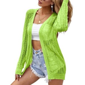 Womens Summer Lightweight Cardigan Long Sleeve Open Front Loose Beach Crochet Cover Up - 1 of 2