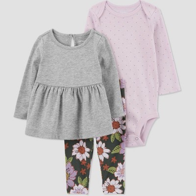 Image of Carter's Just One You®️ Baby Girls' Floral Top & Bottom Set - Gray/Green 3M