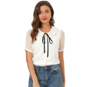 INSPIRE CHIC Women's Casual Bow Tie Pleated Neckline Swiss Dots Short Sleeve Blouse - 1 of 4