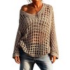 Women's V Neck Long Sleeve Open Knit Sweater Oversized Cutout Tops - 2 of 4