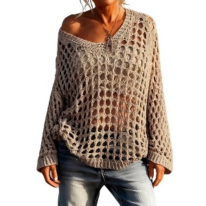 Womens V Neck Knit Long Sleeve Hollow Cover Up Beach Shirt - 1 of 4