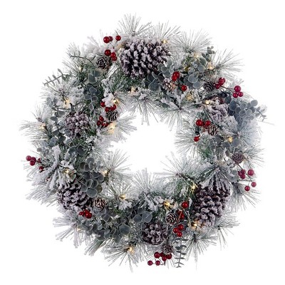 Kurt Adler 18" Battery-Operated Flocked with Red Berries and Pinecones LED Wreath