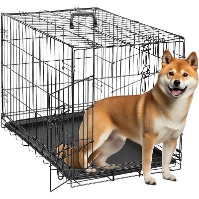 Gulches Folding Metal Wire Dog Crate, 30-Inch Collapsible Double Door Dog Crate with Removable Leak-Proof Pan, Portable Dogs Crate with Divider, Black