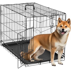 Gulches Folding Metal Wire Dog Crate, 30-Inch Collapsible Double Door Dog Crate with Removable Leak-Proof Pan, Portable Dogs Crate with Divider, Black - 1 of 4