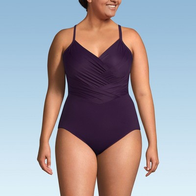 Lands' End Women's Slender Suit V-neck Pleated X-back One Piece Swimsuit Adjustable Straps