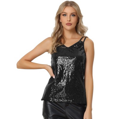 Allegra K Women's Sequin Sparkle Shining Club Party Disco Glitter Cami Top  Black X-Large