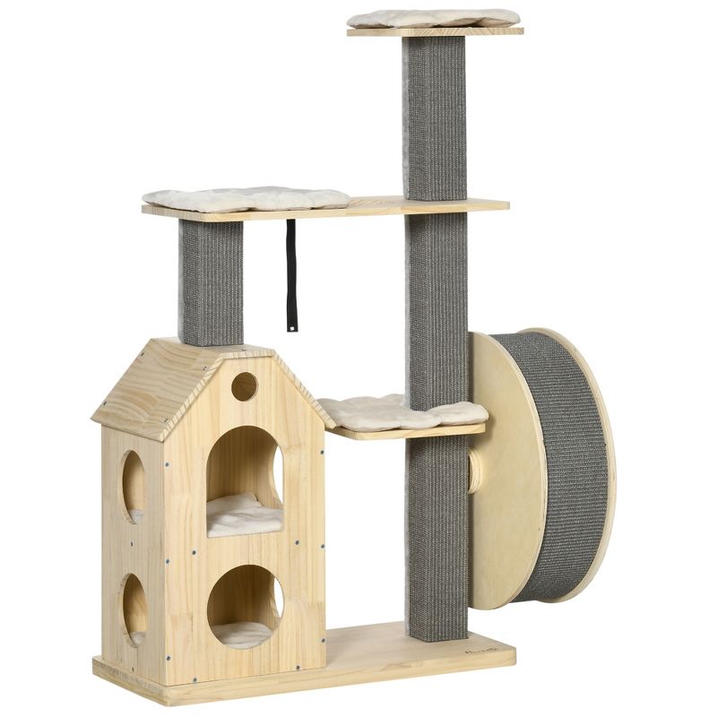 PawHut 53" Modern Cat Tree with Scratching Posts, Small Cat Tree with Double-Layer House, Small Cat Tower for Indoor Cat Furniture, Wooden Cat Tree, 4 of 7