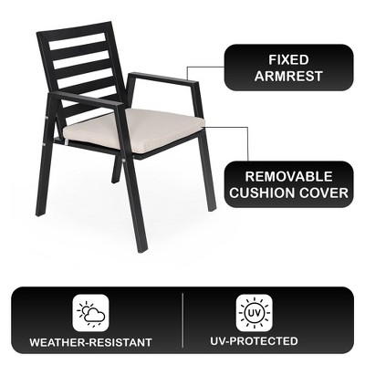 Black Aluminum Outdoor Dining Chair with Beige Cushions