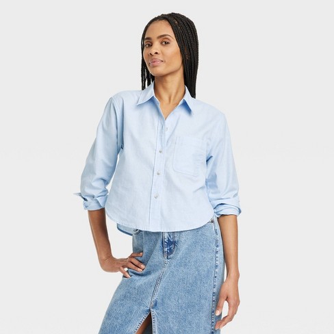 Women's Long Sleeve Collared Button-down Shirt - Universal Thread™ Blue L :  Target