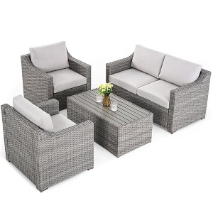 HAPPATIO Patio Conversation Set for 4, All-Weather Patio Furniture Set, PE Wicker Outdoor Sectional Sofa - 1 of 4