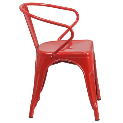 Vibrant Red Steel Slat-Back Indoor-Outdoor Dining Chair with Arms
