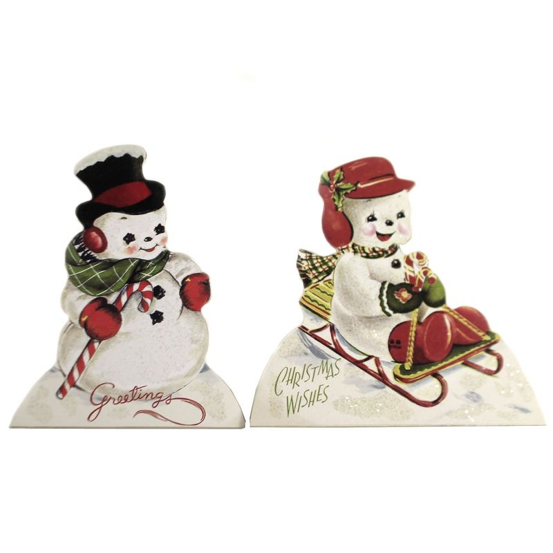 6.0 Inch Playful Snowmen Dummy Boards Lowe Set/2  Sled Candy Cane Figurines, 1 of 4