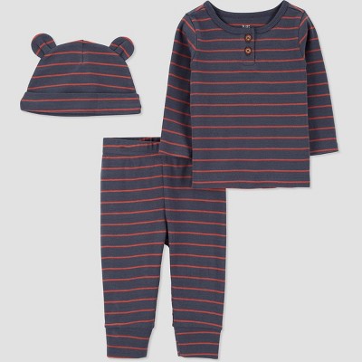 Carter's Just One You® Baby Boys' 3pc Striped Top & Bottom Set with Hat - Gray 6 M