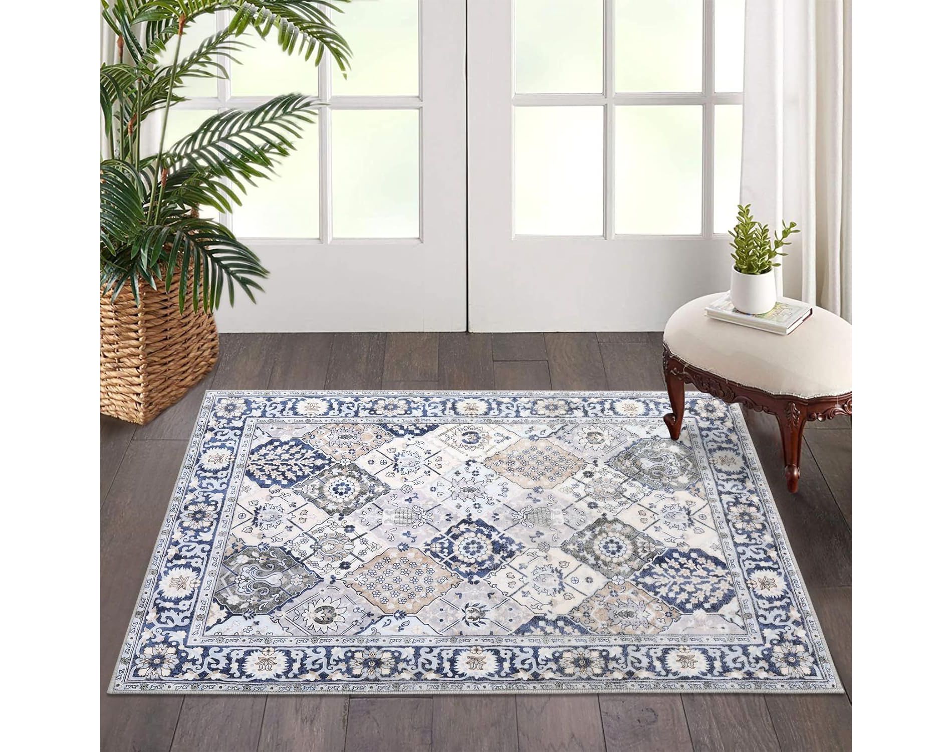 Area Rug - Washable Vintage Floral Print Boho Rug with Non-Slip Backing, Indoor Carpet for Entryway, Living Room, Kitchen, Bedroom Laundry Room