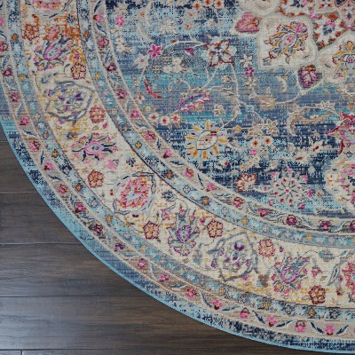 Vintage Kashan Round Blue Synthetic Persian-Inspired Rug, 6 ft