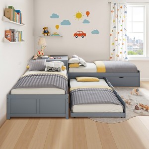 AMERLIFE L-Shaped Twin Solid Wood Trundle Bed with Flip-Top Storage Desk, Space-Saving Platform Frame for Kids and Family Rooms - 1 of 4