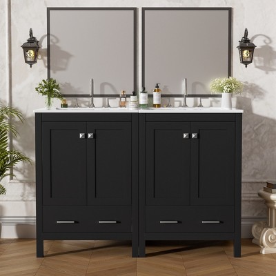 Vynxaria 48-Inch Black Bathroom Vanity - Dual Undermount Ceramic Sinks, 4 Soft-Close Doors, 2 Divided Drawers, Double-Layer Door Shelves