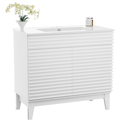 ROOMTEC 24 in. Bathroom Vanity with Ceramic Sink, Mid-Century Cabinet with 2 Soft-Close Doors, Freestanding, Wood Grain Laminate, Walnut